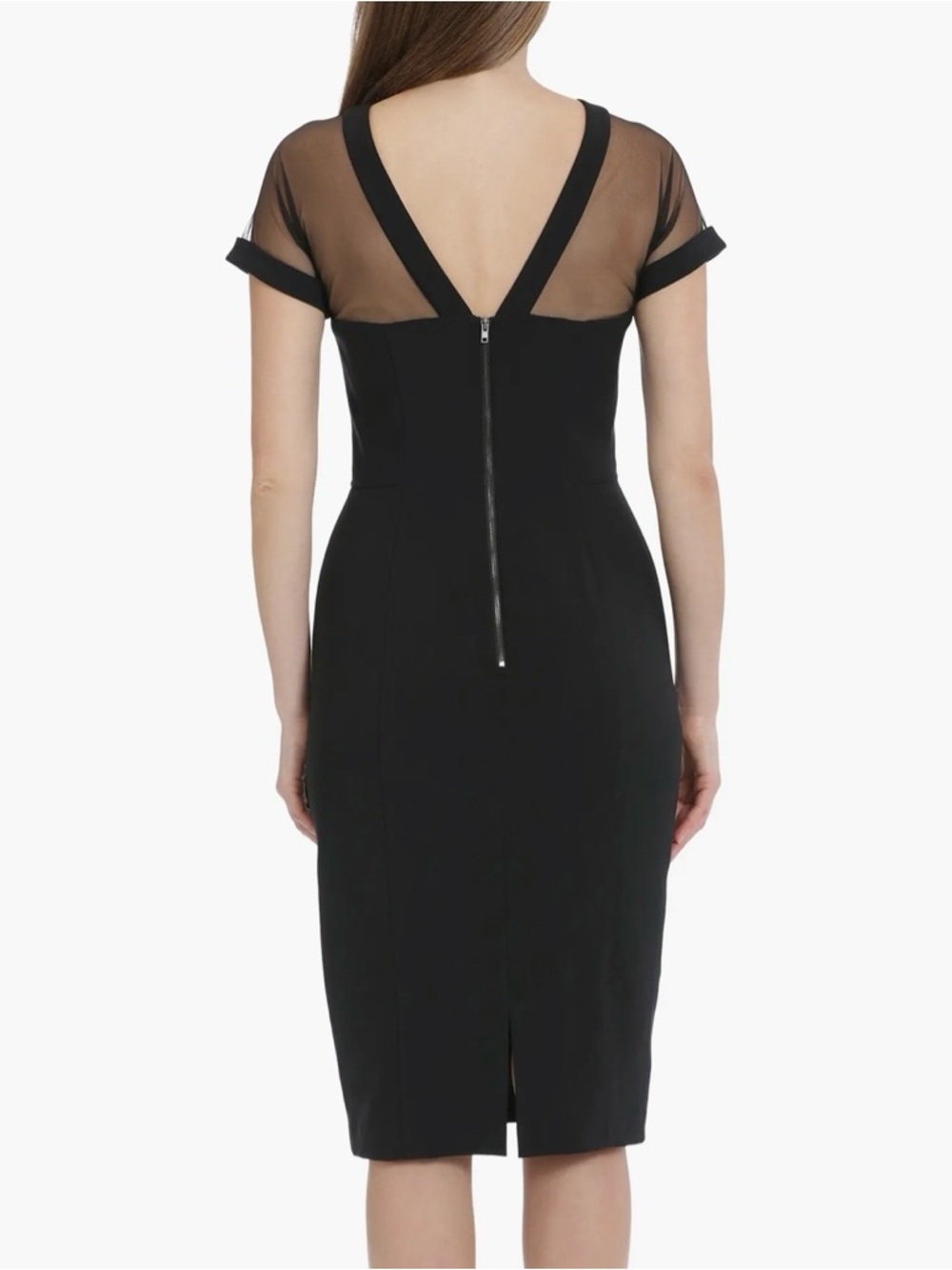Maggy London Dress Size 10 Black Sheer Illusion Yoke V-Back Crepe Cocktail Chic - Picture 2 of 11